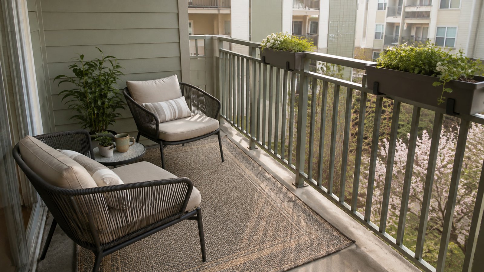 Small 4 x 6 ft rental balcony with two outdoor chairs, a 3 x 5 ft outdoor rug inset about 6 in from deck edges, clamp-on rail planters on the top rail, cream sage exterior wall, soft daylight, lived-in, no drilled screws