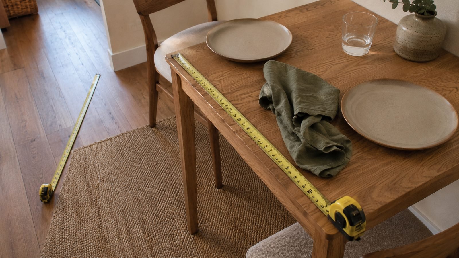 Tape measure on a 24 by 30 inch oak dining tabletop in a rental, with 36 inches of walk marked on the floor behind an armless tucked chair, cream wall, soft daylight, no banquette
