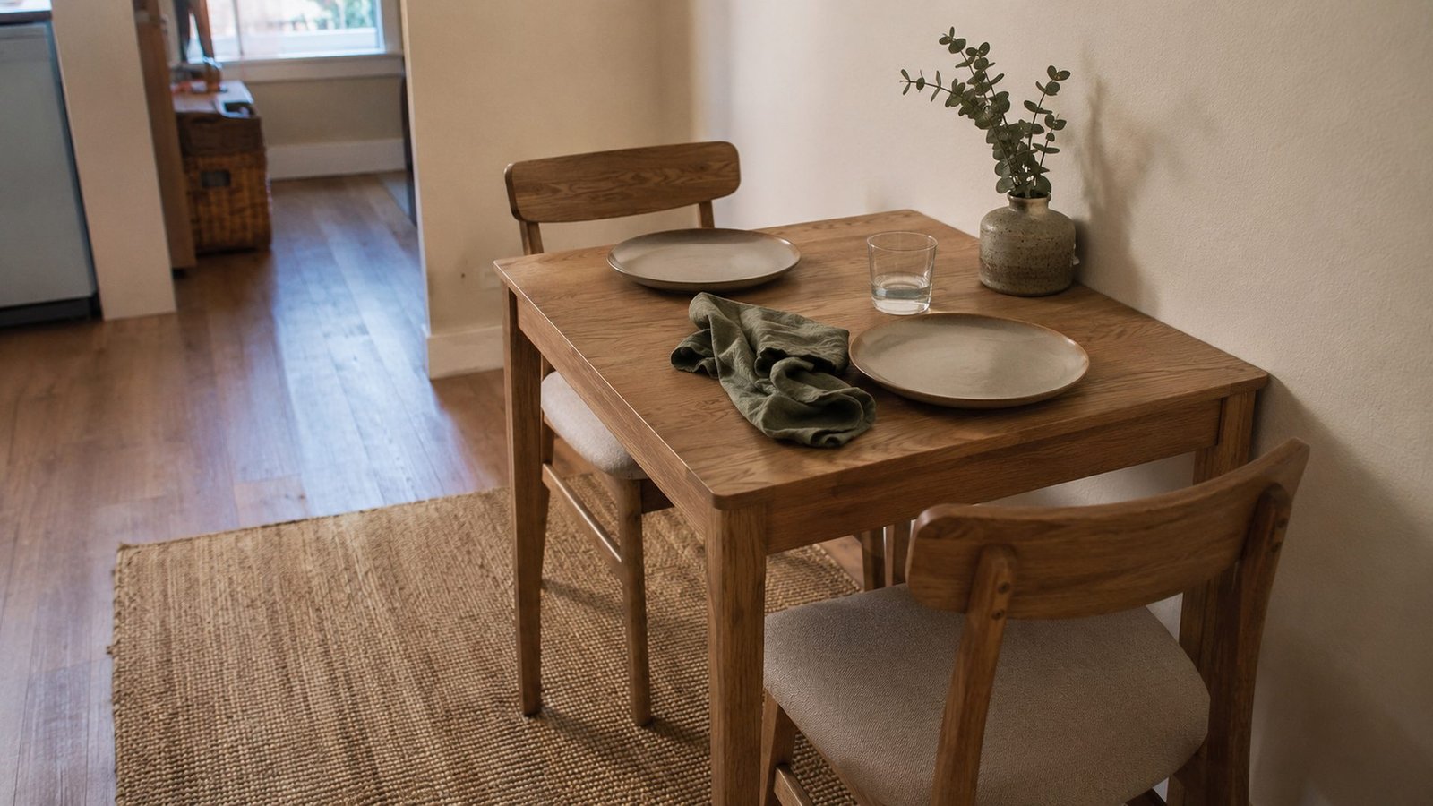 Small rental dining nook with a 24 by 30 inch oak table against a cream wall, two armless oat chairs, no banquette, no pendant light, sage and cream textiles, soft daylight, lived-in and quiet