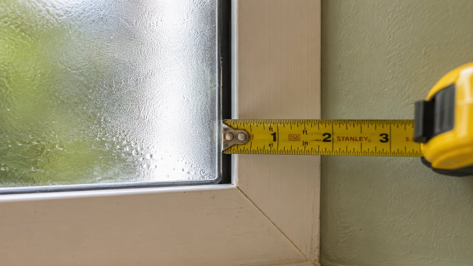 Yellow tape measure showing about 1/8 in (3 mm) clear edge between static cling privacy film and window frame on rental glass