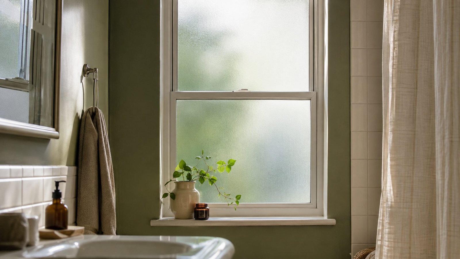 Static cling window film rental on a small bathroom window with frosted privacy film, cream sage walls, tile floor edge, soft daylight, lived-in