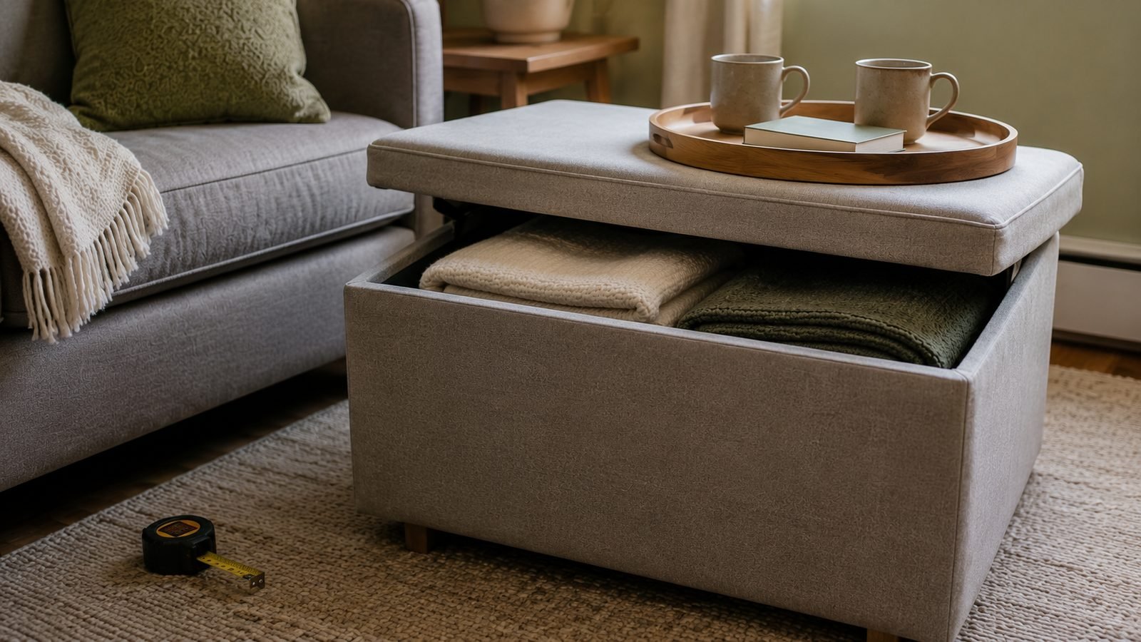 Close view of a firm storage ottoman lid with a 14 to 16 inch rimmed wood tray, tape measure showing height near a grey sofa seat, two folded oat throws inside the open lid