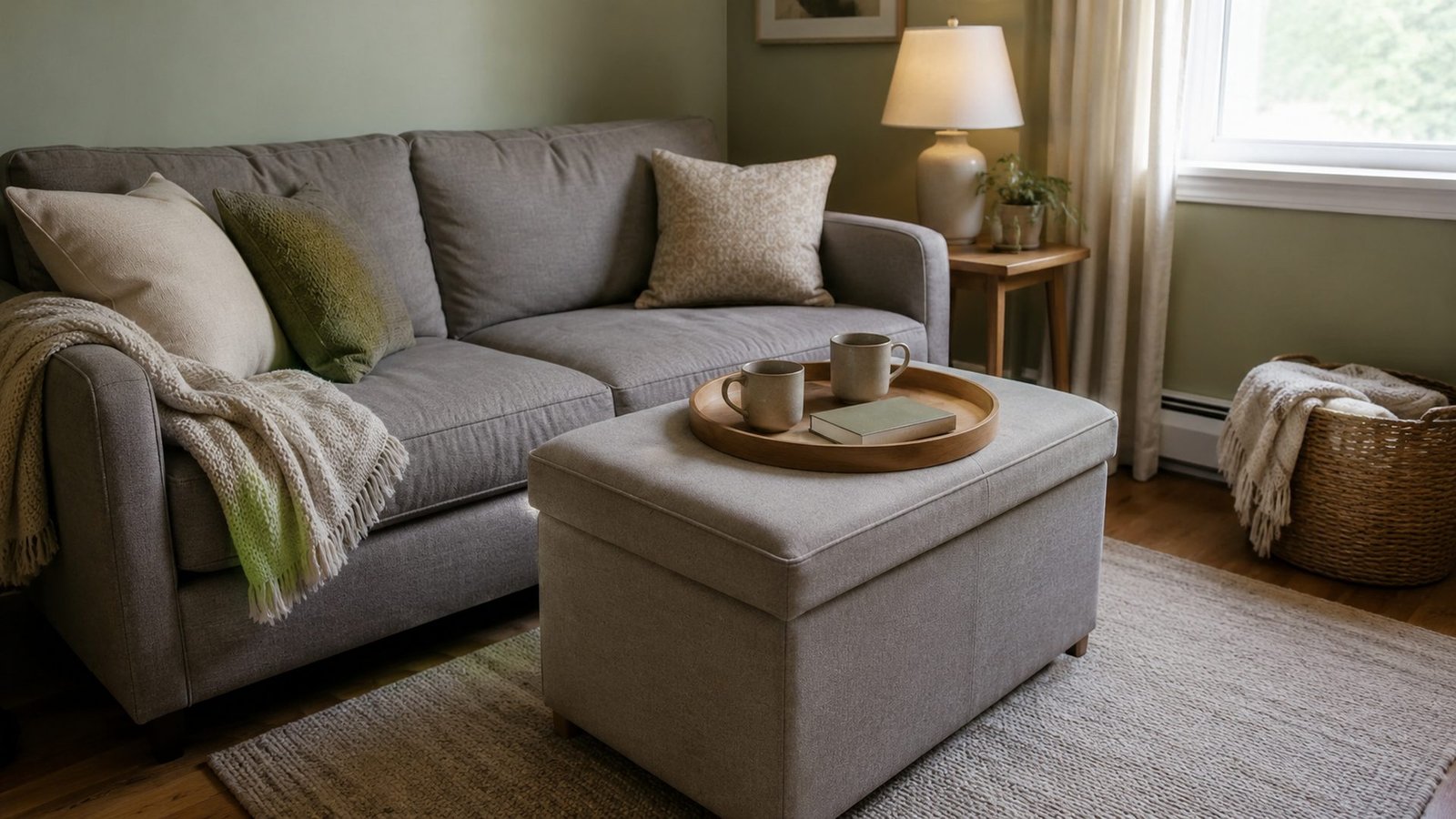 Small rental living room with a firm-lid storage ottoman used as a coffee table in front of a grey sofa, 36 to 42 inch oak-tray ottoman, oat throws, 30 inch walk path, soft daylight, lived-in and quiet