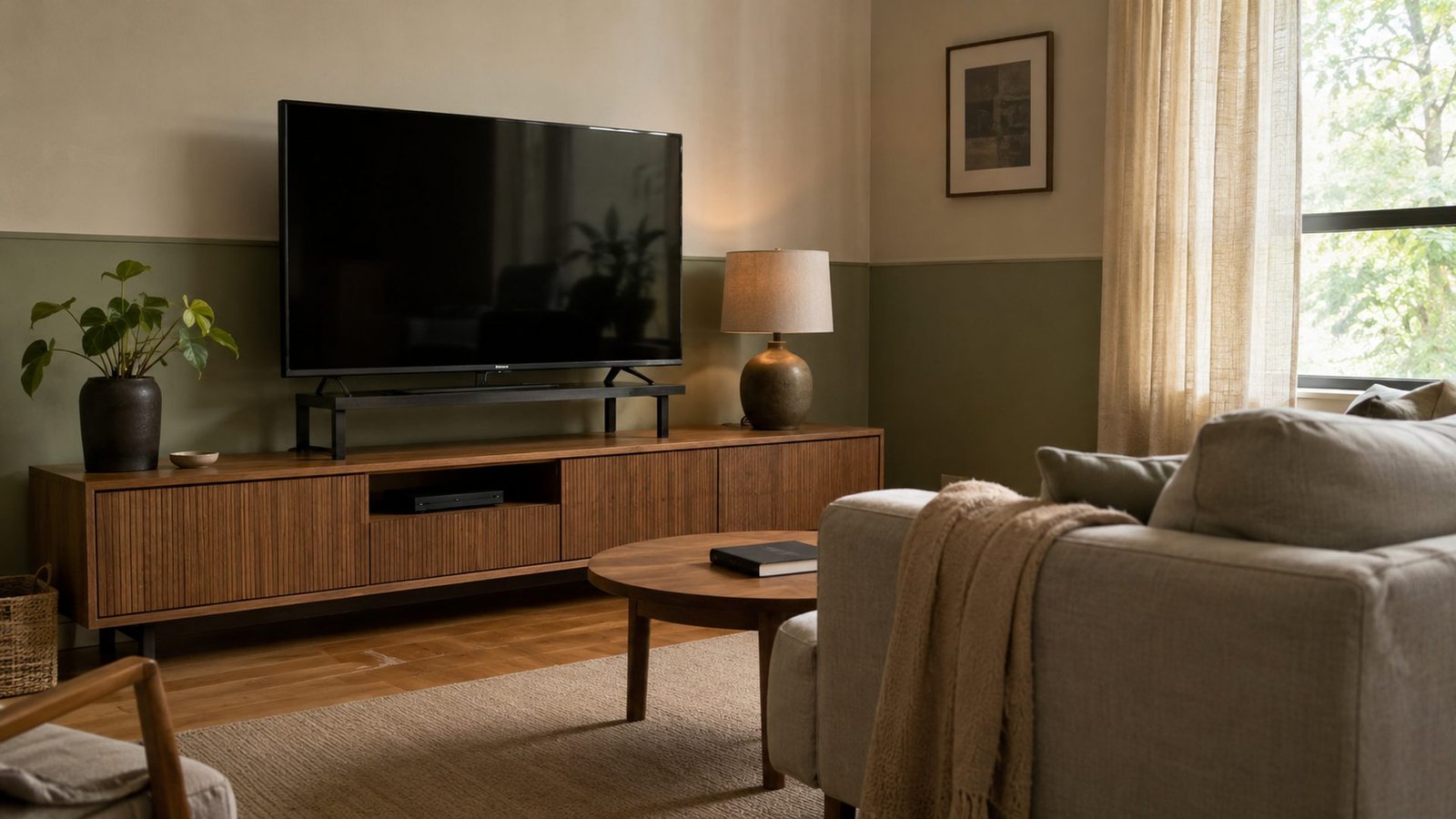 Small rental living room with a flat-screen TV on a low wood console, clear 4–8 in gap under the screen and screen center near 42 in from the floor, cream sage walls, wood floor, soft daylight, lived-in