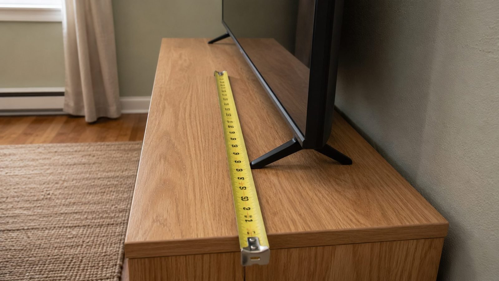 Yellow tape measure across a wood TV stand top showing about 14–16 in (36–41 cm) usable depth, TV foot fully on the stand, cream sage rental wall, soft daylight
