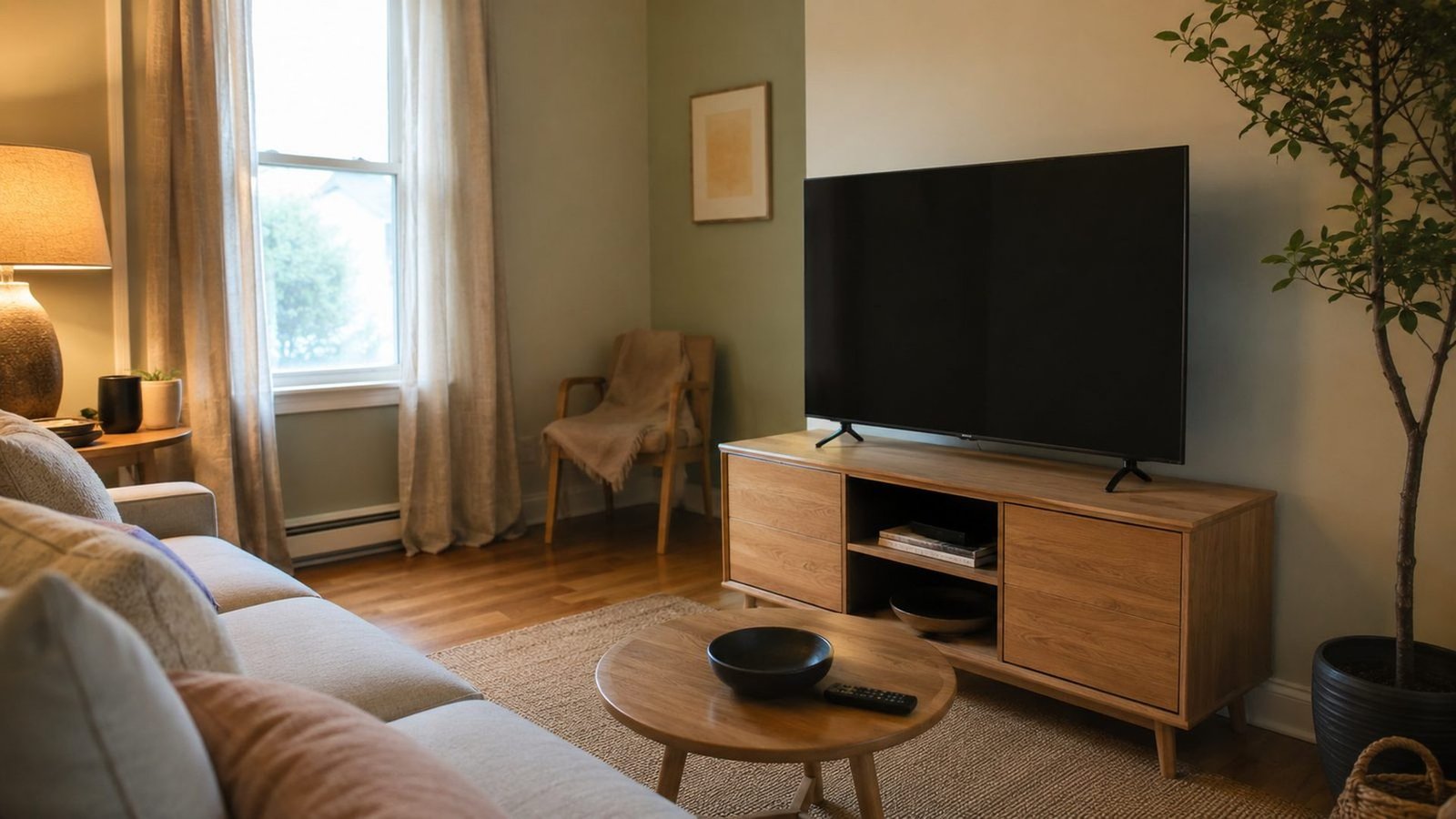 tv stand depth rental: 14–16 in deep wood media stand with a 55 in class TV fully on top (no front overhang), cream sage walls, wood floor, soft daylight, lived-in